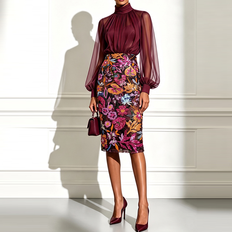 Midi Skirt Floral - 섹시한 하이넥 시스루 메쉬 블라우스와 플로럴