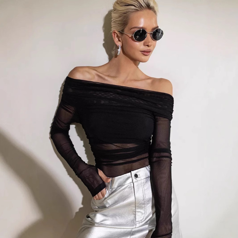 Blouse Off Shoulder - 여성용 메쉬 오프숄더 탑 시스루 긴팔