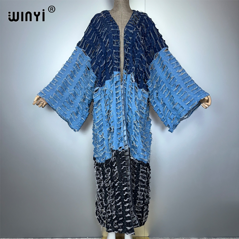 Cover Up Kaftan - WINYI 기모노 컬러 매칭 데님 카디건