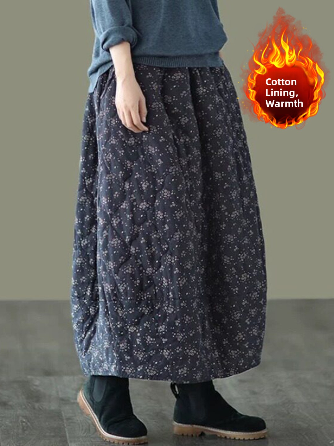 Midi Skirt Floral - 레트로 플로럴 코튼 하프 스커트 두꺼운