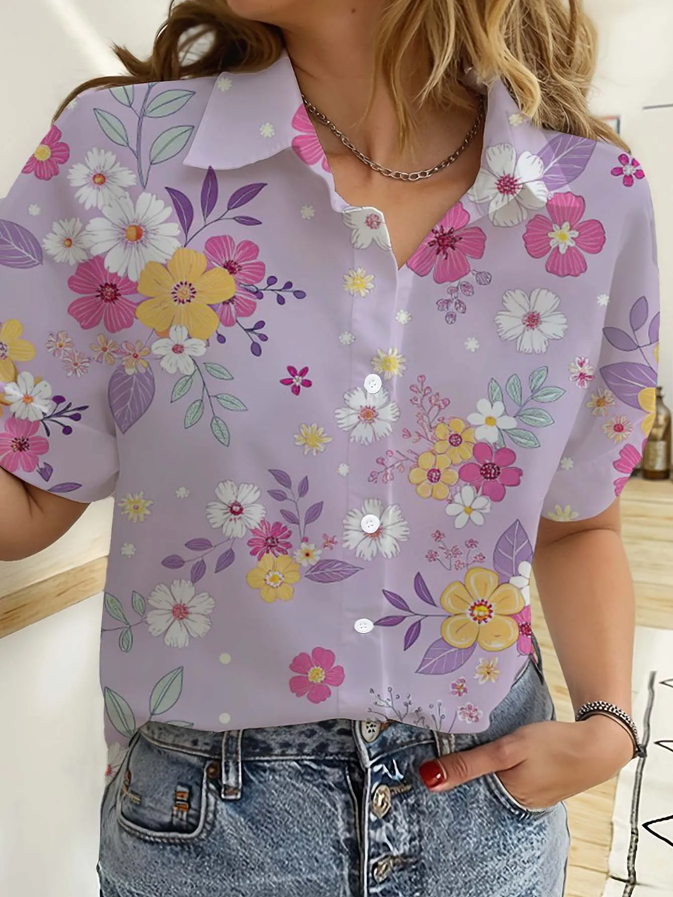Romper Floral Print - 하와이 여성 셔츠 반팔 단추 꽃
