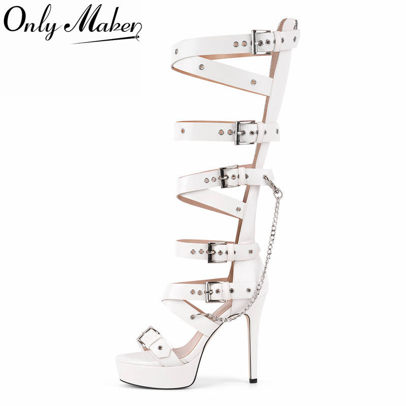 Sandal Strappy Heeled - Onlymaker 플랫폼 니하이 아일렛 벨트 스트랩