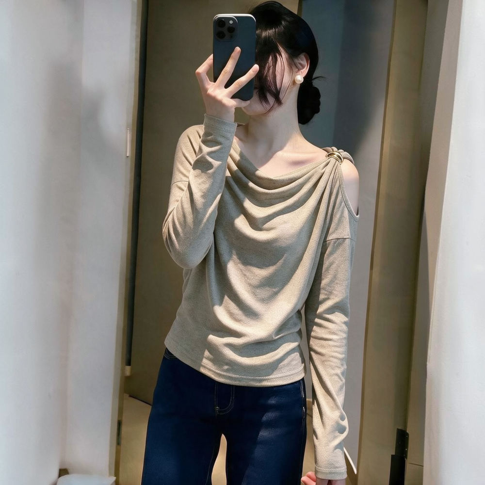 Blouse Off Shoulder - 여성용 슬림핏 긴팔 상의, 드레이핑 네크라인,