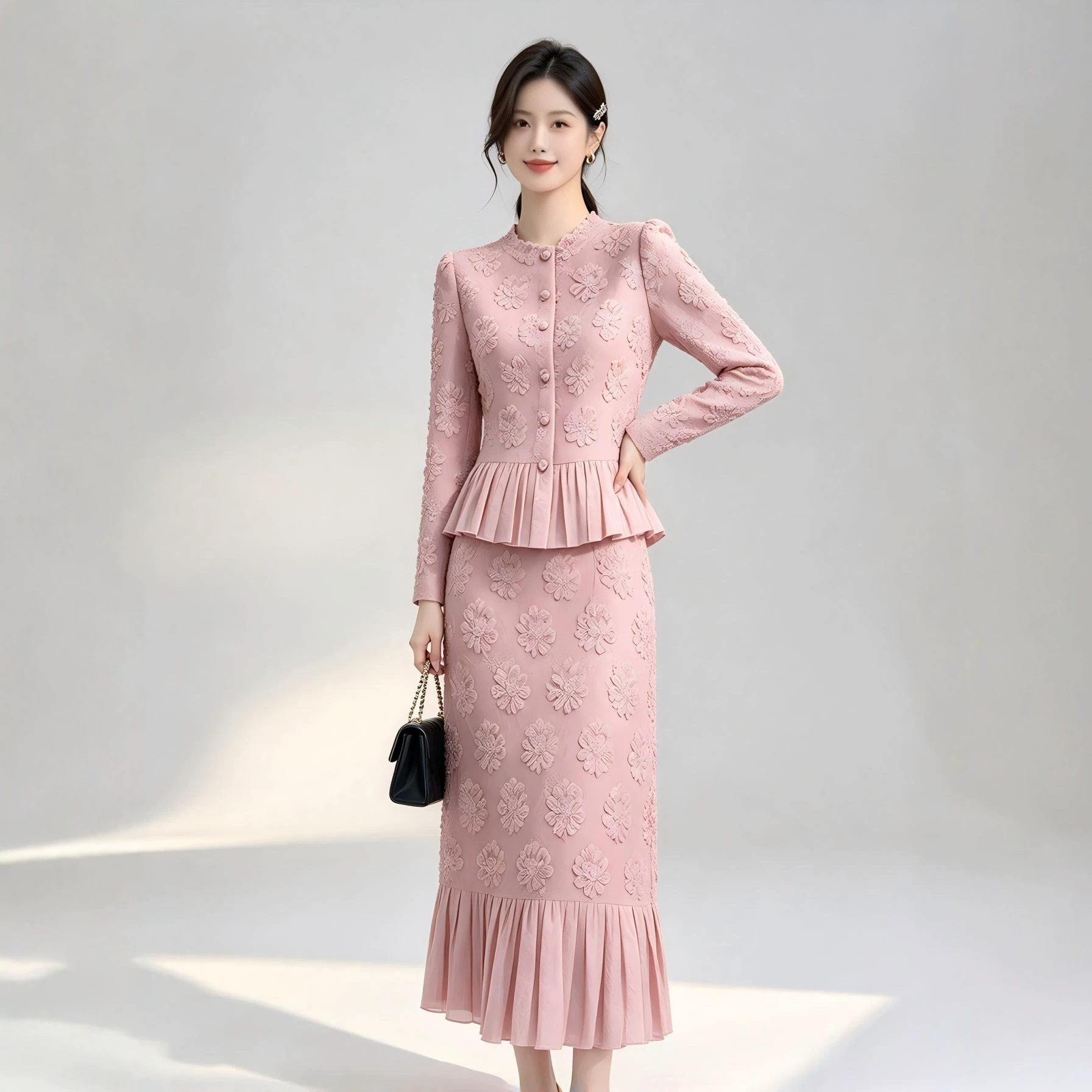 Midi Skirt Floral - 미야케 여성용 플로럴 자수 스커트 세트,