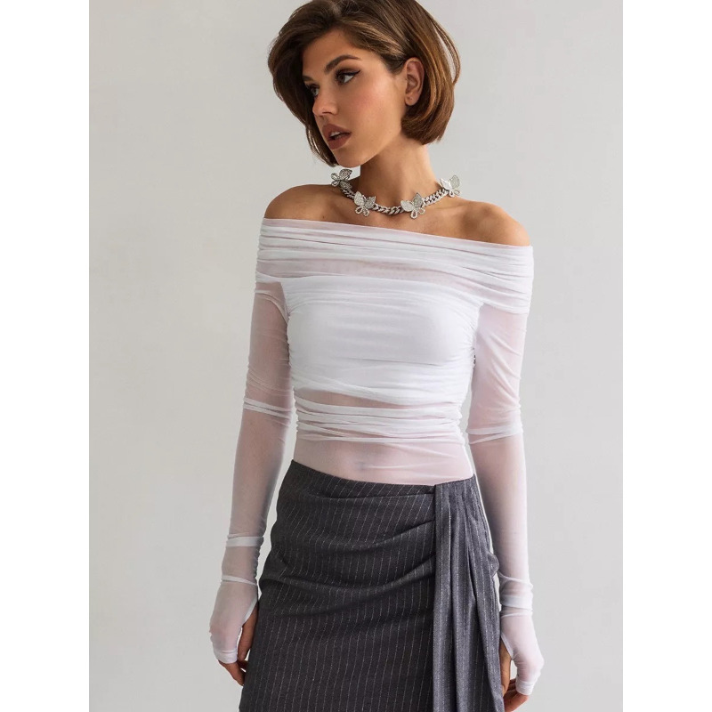 여성용 메쉬 오프숄더 탑 시스루 긴팔 러칭 블라우스 바 - Blouse Off Shoulder 리뷰 및 가격