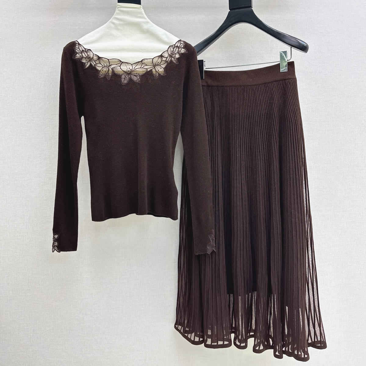 고급 여성용 플로럴 자수 니트 투피스 세트, 긴팔 슬림 - Midi Skirt Floral 리뷰 및 가격