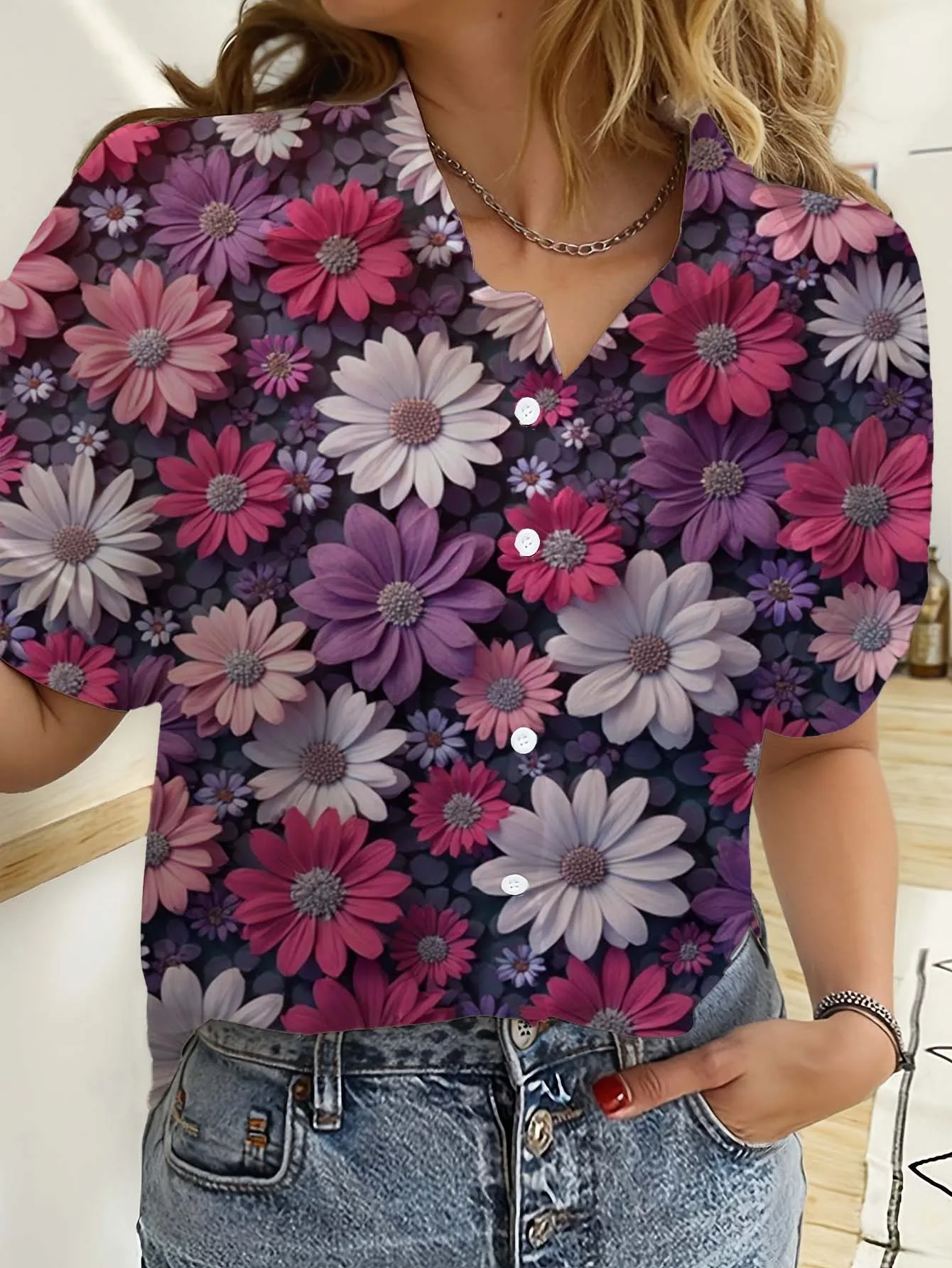 하와이 여성 셔츠 반팔 단추 꽃 장미 프린트 탑 캐주얼 - Romper Floral Print 리뷰 및 가격