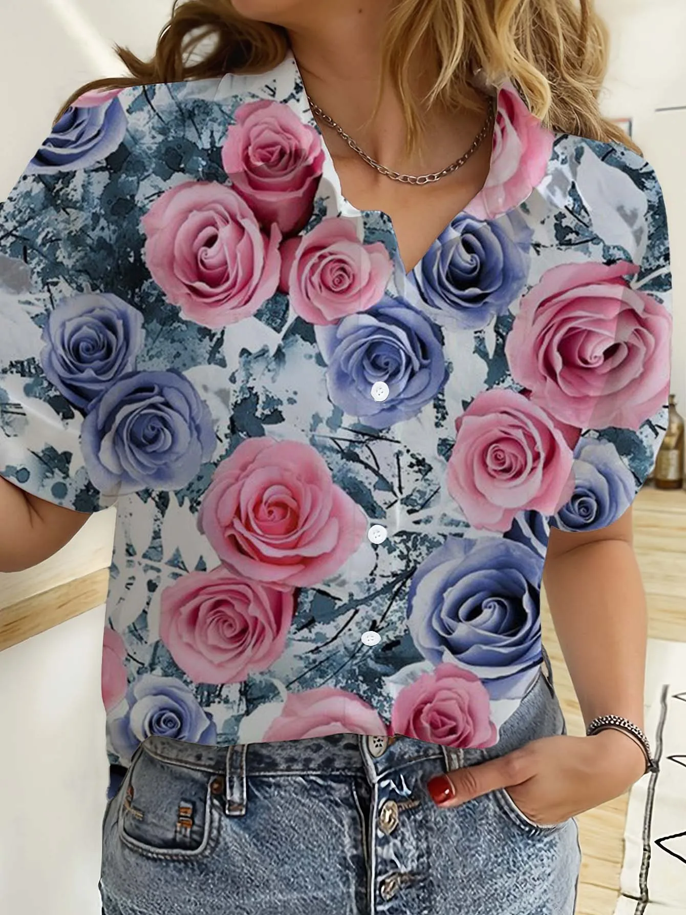 하와이 여성 셔츠 반팔 단추 꽃 장미 프린트 탑 캐주얼 - Romper Floral Print 리뷰 및 가격