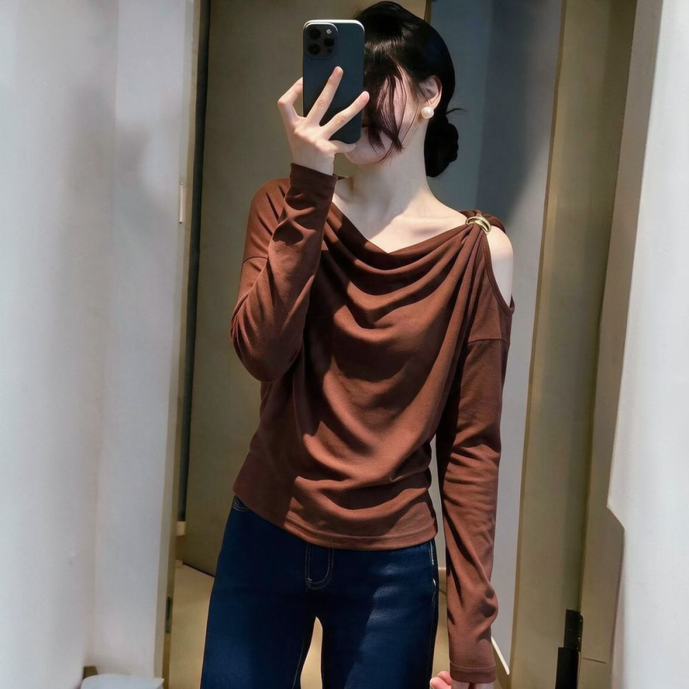 여성용 슬림핏 긴팔 상의, 드레이핑 네크라인, 오프숄더 - Blouse Off Shoulder 리뷰 및 가격