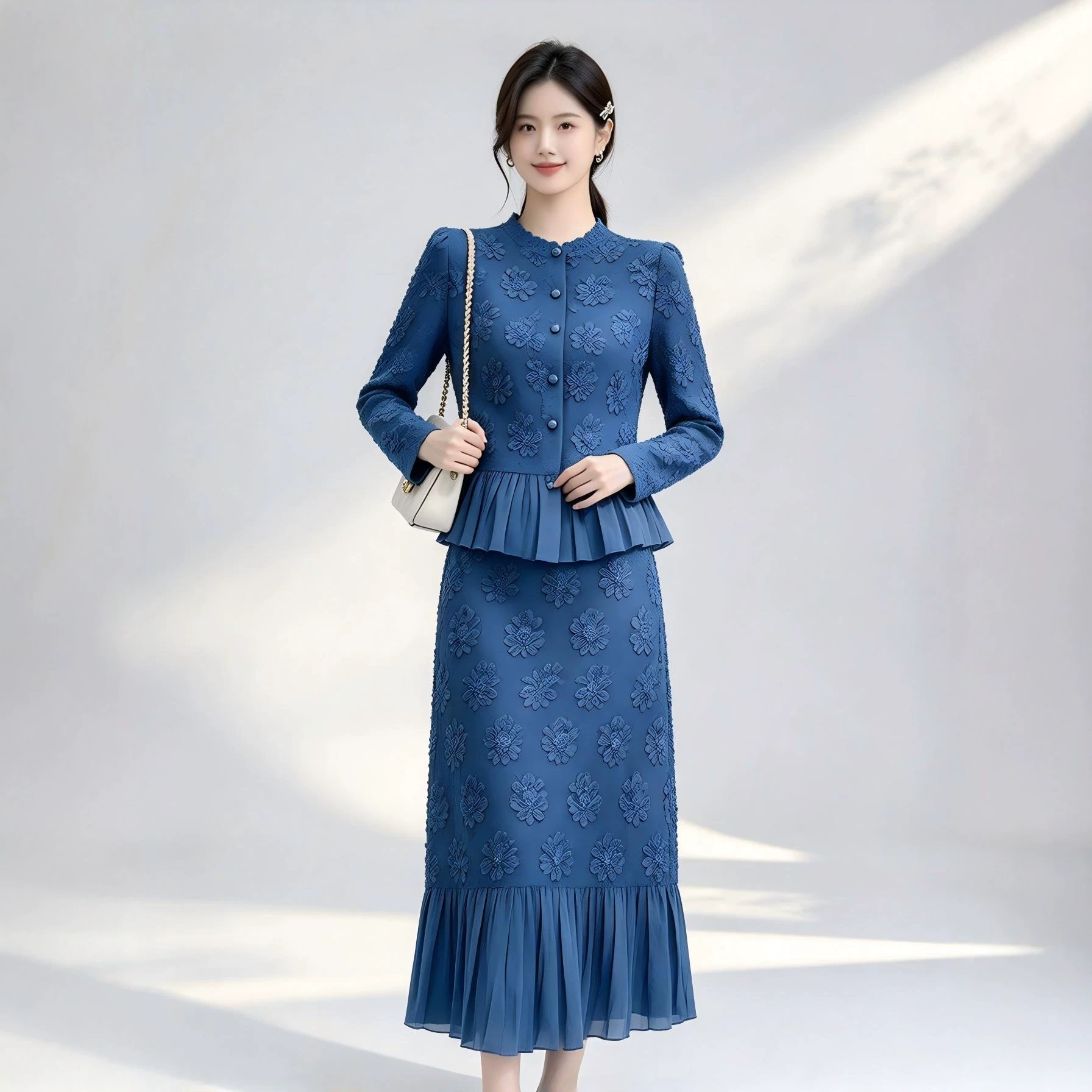 미야케 여성용 플로럴 자수 스커트 세트, 긴팔 러플 상 - Midi Skirt Floral 리뷰 및 가격